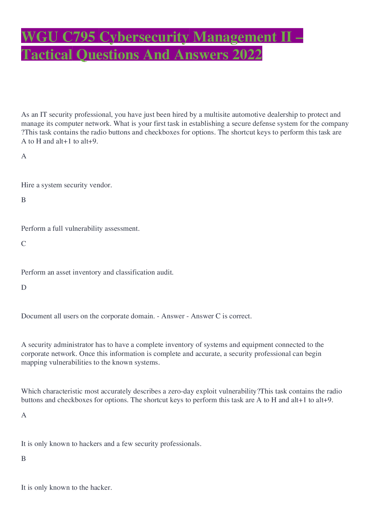 Preview image for WGU C795 Cybersecurity Management II – Tactical Questions And Answers 2022